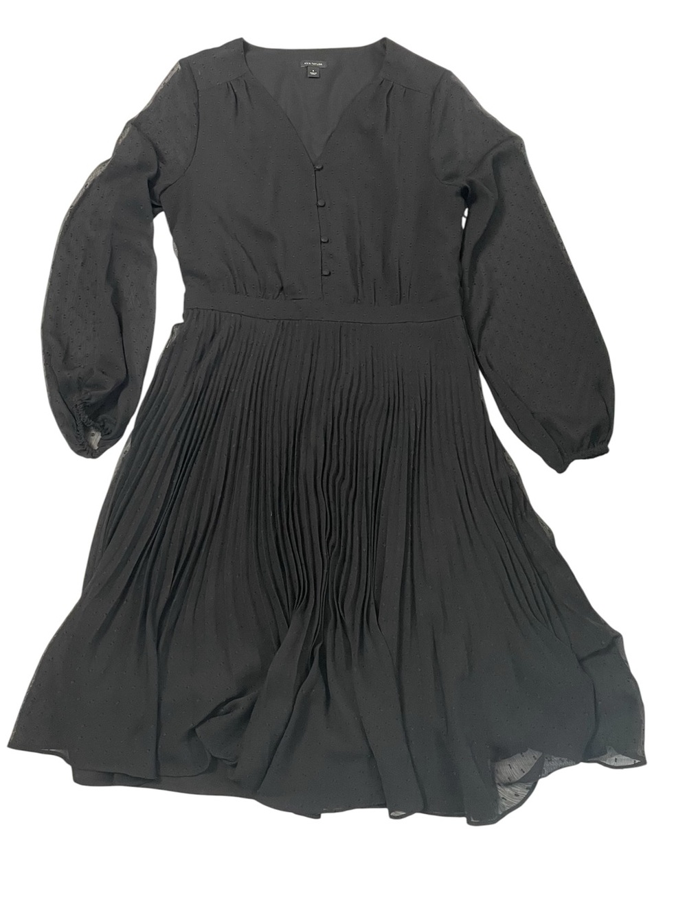 Ann Taylor Black Pleated Sheer Long Sleeve Midi Dress Size 8
